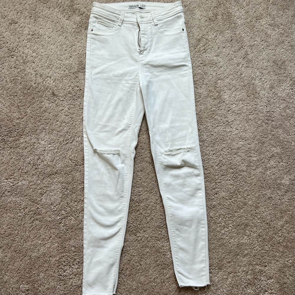 Zara Basic Z1965 White Denim Ripped Skinny Jeans - High Waisted